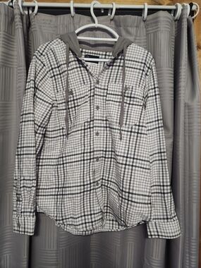 Unisex Plaid Button-Down Shirt with Hood - Gray and White